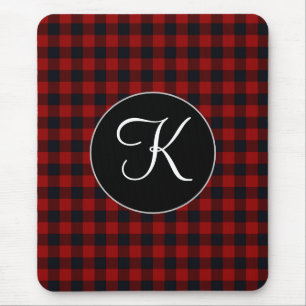Alfombrilla De Ratón Monograma Personalizado Plaid Búfalo Rojo y Negro