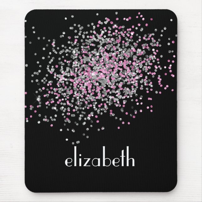 Alfombrilla De Ratón Monograma Personalizado Purpurina Plata Rosa Negro (Frente)