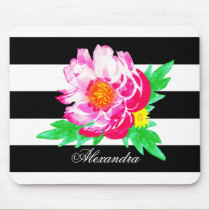 Alfombrilla De Ratón Monograma Pink Peony sobre el Mousepad Blanco/Negr