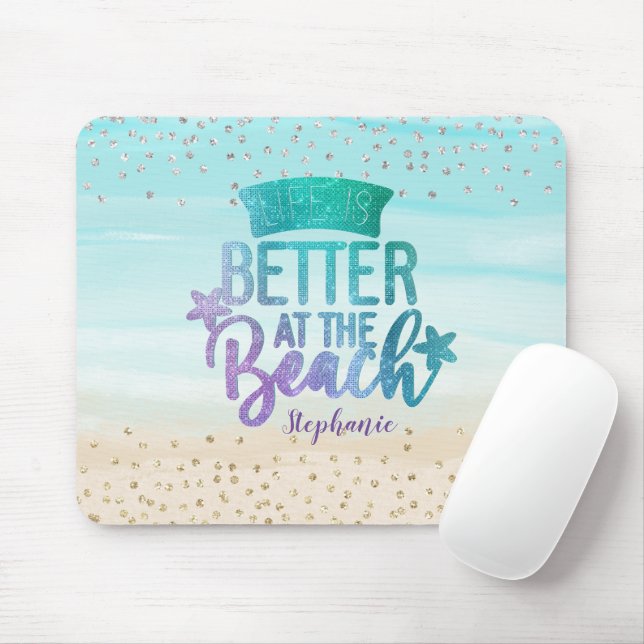 Alfombrilla De Ratón Monograma Purpurina acuarela Vida Mejor Playa (Con ratón)
