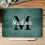 Alfombrilla De Ratón Monograma retro de pinstripe verde sprudente<br><div class="desc">Este diseño presenta un patrón de pinstripe vintage en verde abeto con rayas negras disecadas. Personalízalo con tu monograma inicial en negro y tu nombre en blanco retro script.</div>