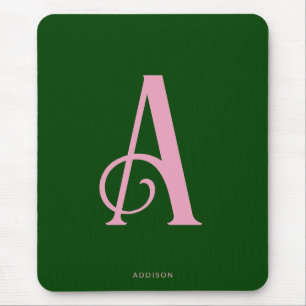 Alfombrilla De Ratón Monograma rosa de Moda moderna inicial sobre verde