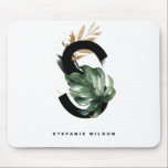 Alfombrilla De Ratón Monograma S Monograma Tropical Personalizado<br><div class="desc">Letra personalizable S monograma mousepad con acuarela de hojas de monastera tropical, hojas de Relieve metalizado de oro falsas y acentos de pincel de color de agua negro. Personalice este mousepad de monograma tropical con su nombre u otros detalles. Esta letra de boho S monogram mousepad será perfecta como regalo....</div>
