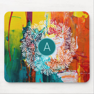 Alfombrilla De Ratón Monograma turquesa Pintura abstracta Mandala Art