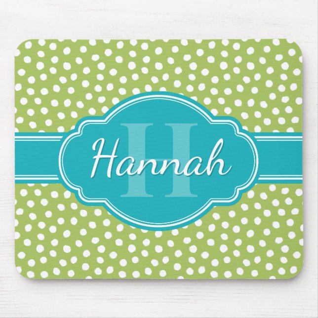 Alfombrilla De Ratón Monograma Verde azulado del patrón blanco punteado (Frente)