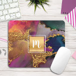 Alfombrilla De Ratón Monograma verde morado de color azul marble acuare<br><div class="desc">Una plaza de Relieve metalizado dorado brillante y falsa con una tipografía de escritura monograma inicial se impone sobre un rico fondo de color acuático dorado, azul marino, verde cazador, rosa y morado en este elegante y moderno bigotudo mousepad monogramado. Hace una moda y una declaración elegante cada vez que...</div>