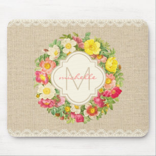 Alfombrilla De Ratón Monograma Vintage Floral Lace Mousepad