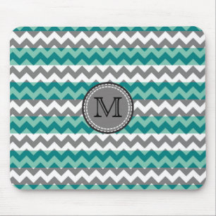 Alfombrilla De Ratón Monograma Zigzag de Chevron gris y turquesa #2
