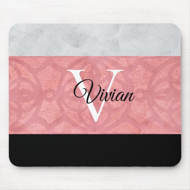 Alfombrilla De Ratón Monogramación De Batik Rosa Ruddy Y Acuarela Gris (Frente)