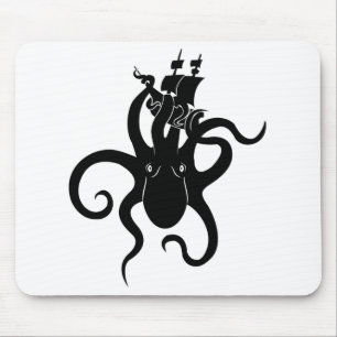 Alfombrilla De Ratón Monstruo marino: Kraken blanco y negro con barco