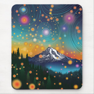 Alfombrilla De Ratón Monte Rainier w Evening Starry Sky y luciérnagas