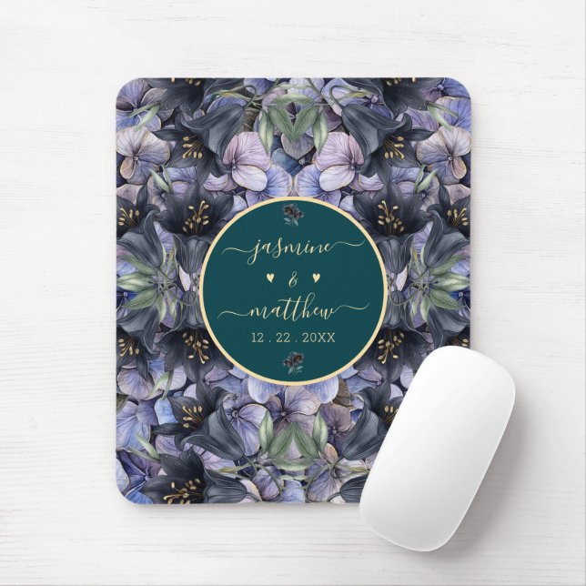 Alfombrilla De Ratón Moody Black Floral Classic Couple Names Wedding (Con ratón)