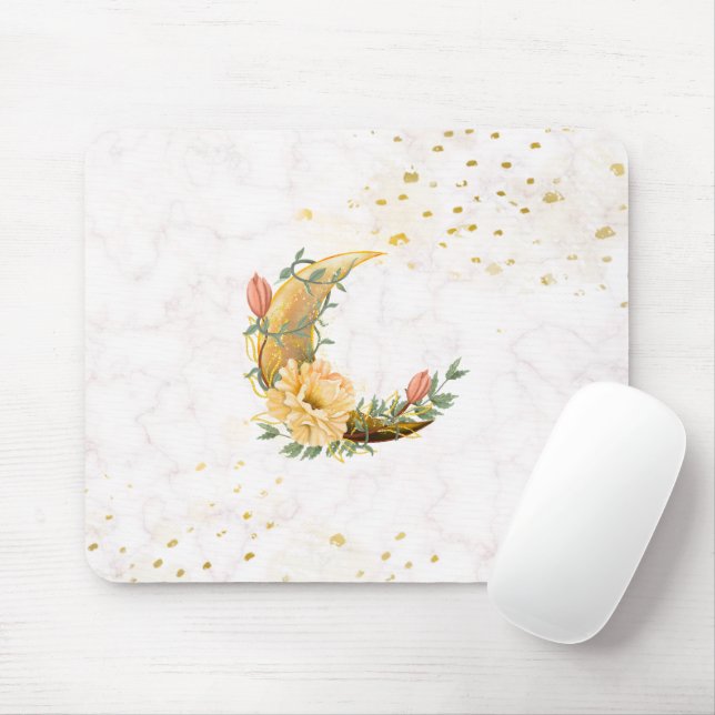 Alfombrilla De Ratón Moon floral, beige y gráfico amarillo (Con ratón)