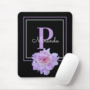 Alfombrilla De Ratón Morado Monograma Rosa Peony Flor Negro