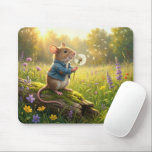 Alfombrilla De Ratón Mouse Blowing Dandelion Seedlings<br><div class="desc">A charming mouse in a denim jacket sits on a log in a vibrant meadow,  blowing on a dandelion and watching its seeds float away in the sunlight</div>