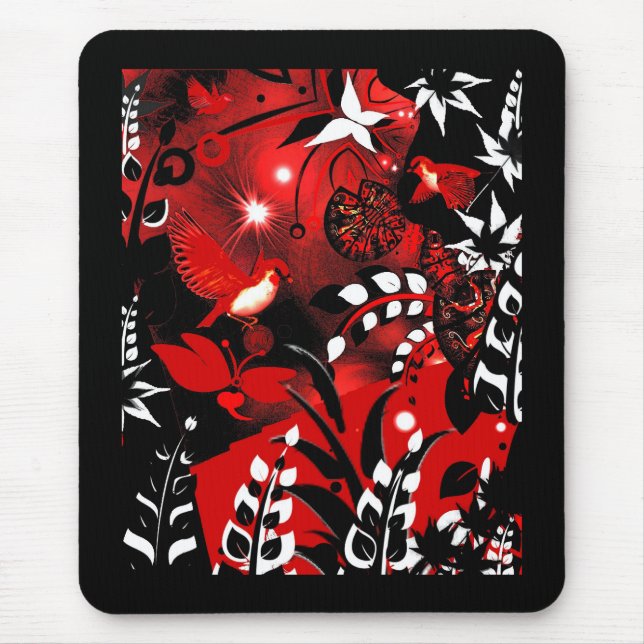 Alfombrilla De Ratón Mousepad Aves Rojas Florales Asiáticas (Frente)