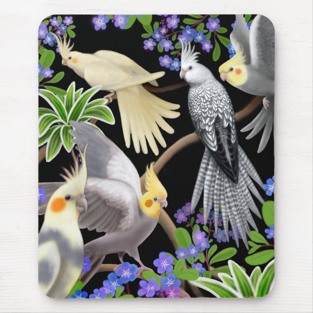 Alfombrilla De Ratón Mousepad de cockatiels y flores (Frente)