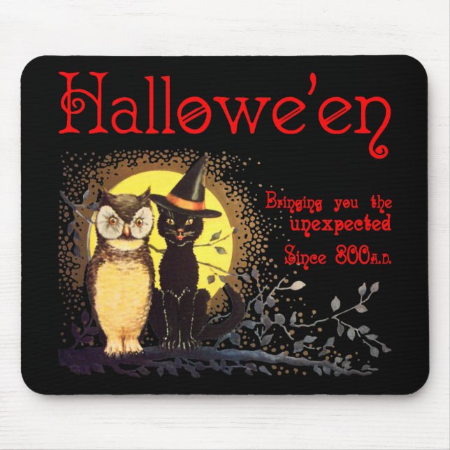 Alfombrilla De Ratón Mousepad de gato y búho de Halloween (Frente)