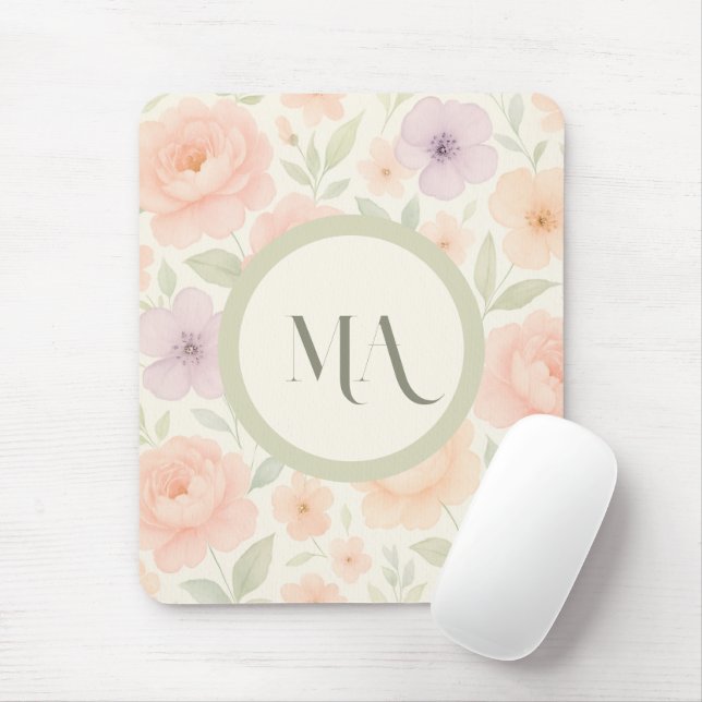 Alfombrilla De Ratón Mousepad de Monograma Floral Pastel - Personalizad (Con ratón)