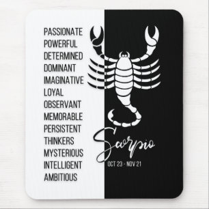 Alfombrilla De Ratón Mousepad de Rótulo Escorpio Zodiaco, blanco y neg