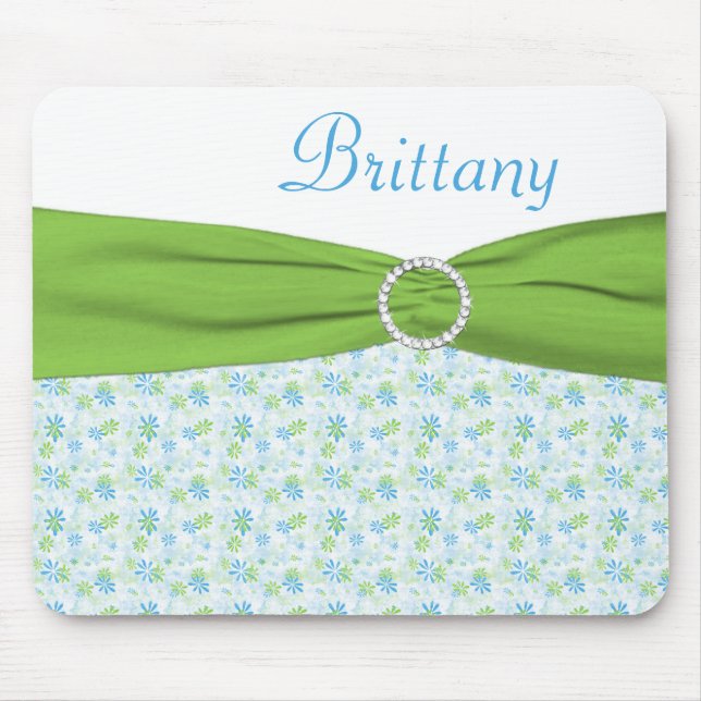 Alfombrilla De Ratón Mousepad floral azul y verde con nombre (Frente)