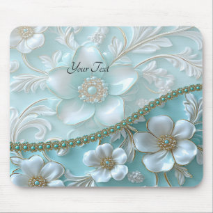 Alfombrilla De Ratón Mousepad floral blanco verde azulado