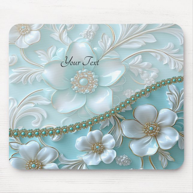 Alfombrilla De Ratón Mousepad floral blanco verde azulado (Frente)