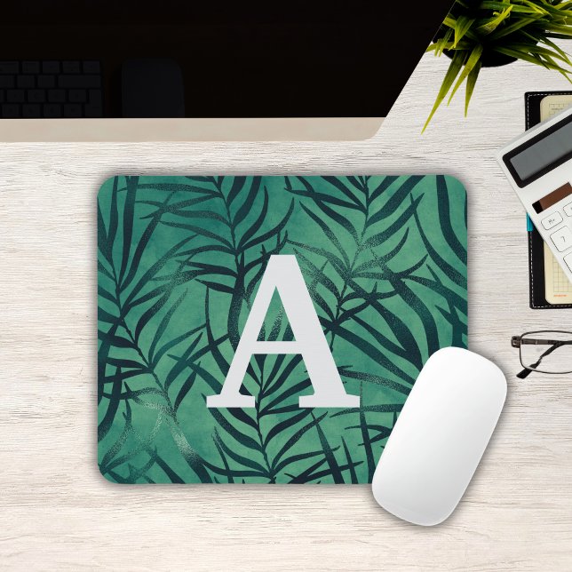 Alfombrilla De Ratón Mousepad Monogramado de hojas tropicales verdes (Green Tropical Leaves Monogrammed Mousepad
)