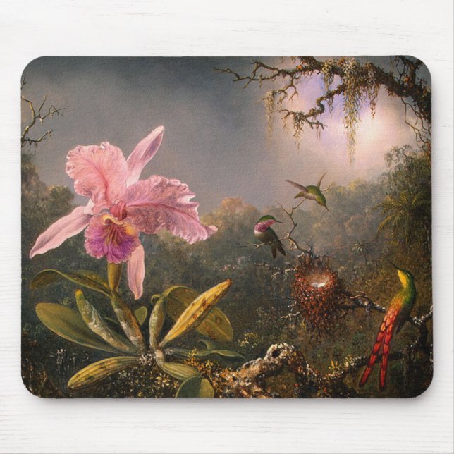 Alfombrilla De Ratón Mousepad: Orquídea Cattleya y tres Hummingbirds (Frente)