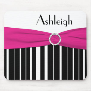 Alfombrilla De Ratón Mousepad rayado negro, blanco, y rosado con nombre