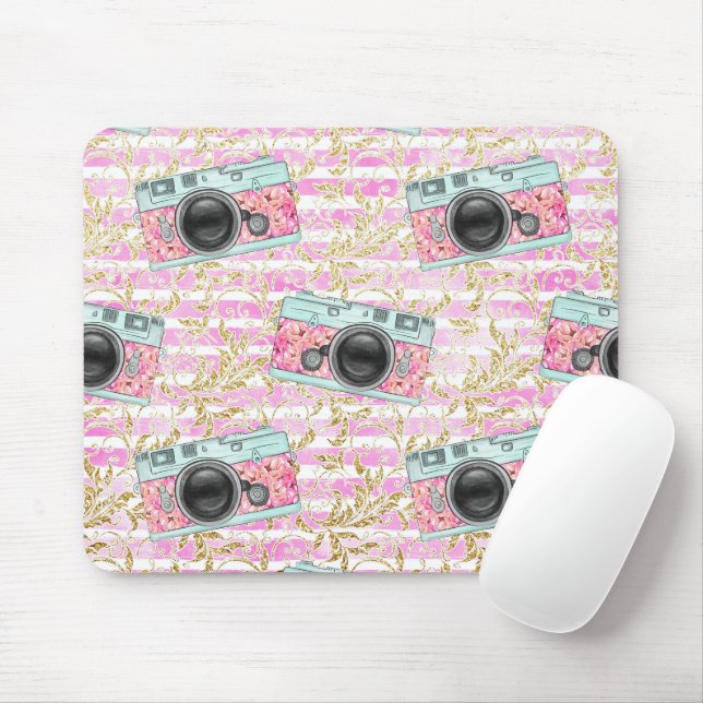 Alfombrilla De Ratón Mousepad rayado rosa y blanco (Con ratón)