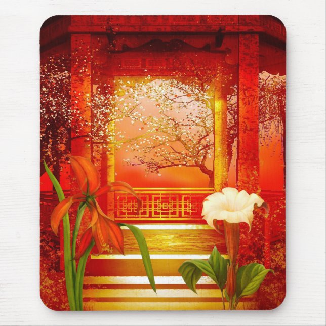 Alfombrilla De Ratón Mousepad Rojo Dorado Flor Amarilla (Frente)
