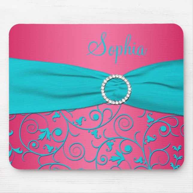 Alfombrilla De Ratón Mousepad rosa y Aqua Damask (Frente)
