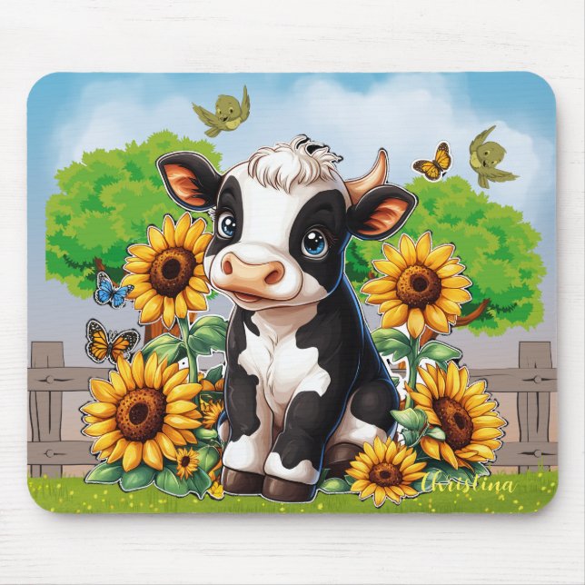 Alfombrilla De Ratón Mousepad, una vaca y un Personalizado de girasoles (Frente)