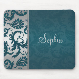 Alfombrilla De Ratón Mousepad verde azulado y plateado Damask
