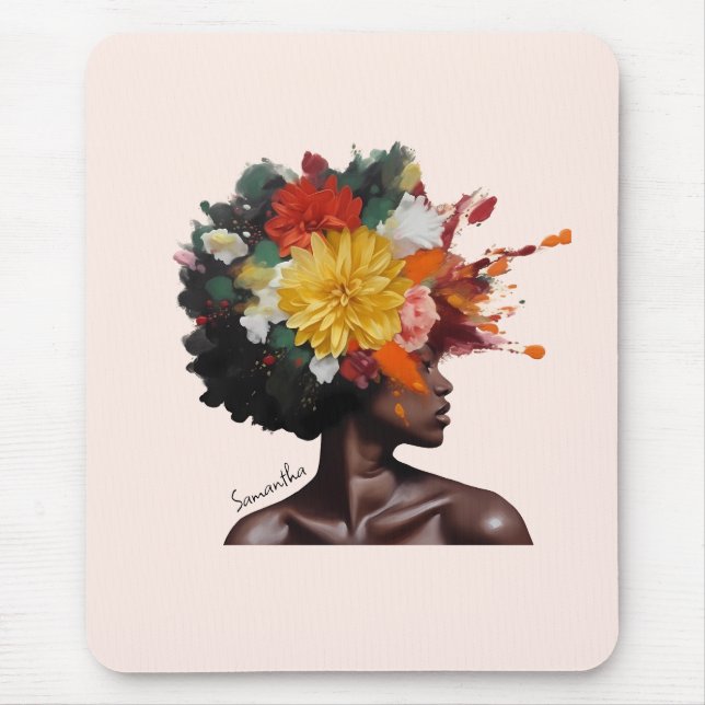 Alfombrilla De Ratón Mujer afroamericana con pelo afro floral (2) (Frente)