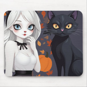 Alfombrilla De Ratón Mujer animosa con gato negro.