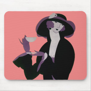 Alfombrilla De Ratón Mujer Art Déco Vintage, té de la tarde y pastelito