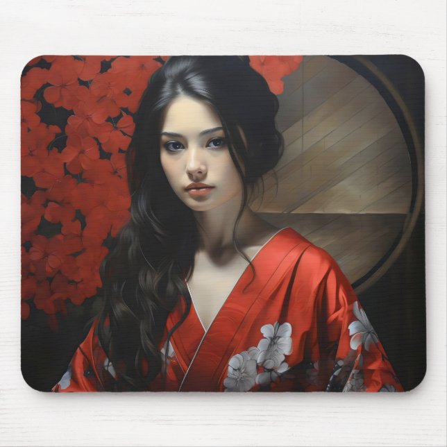 Alfombrilla De Ratón Mujer asiática roja Kimono (Frente)