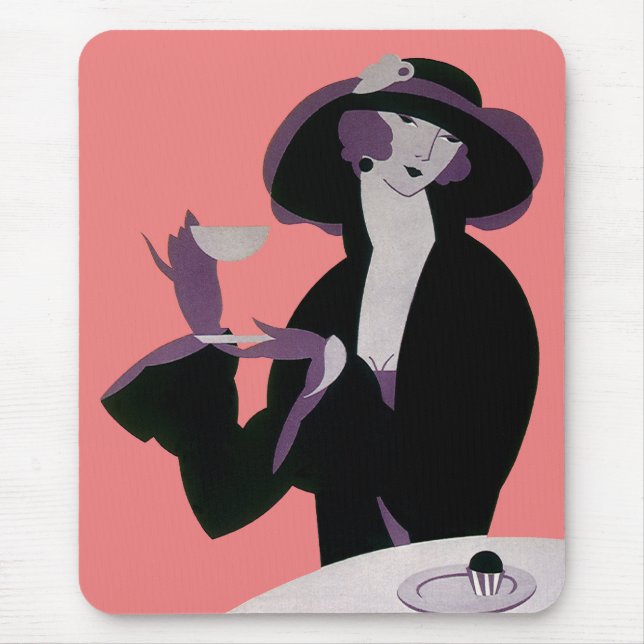 Alfombrilla De Ratón Mujer de estilo Art Déco, té de la tarde y tarta (Frente)