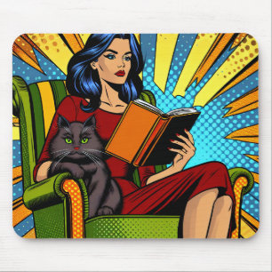 Alfombrilla De Ratón Mujer de estilo pop art leyendo y gato