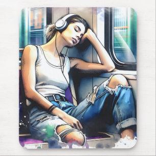 Alfombrilla De Ratón Mujer durmiendo en el metro escuchando música