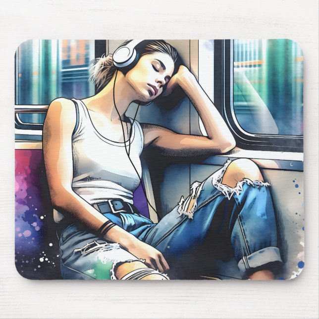 Alfombrilla De Ratón Mujer durmiendo en el metro escuchando música (Frente)