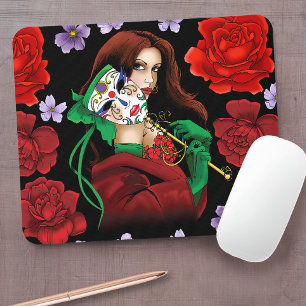 Alfombrilla De Ratón Mujer Elegante Máscara Veneciana Rojo Verde