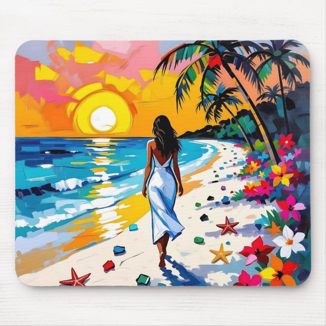 Alfombrilla De Ratón Mujer en escena tropical de playa (Frente)