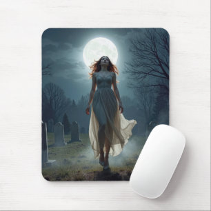 Alfombrilla De Ratón Mujer Hermosa Caminando en un Cementerio Iluminado