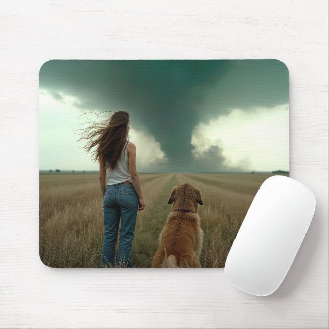 Alfombrilla De Ratón Mujer joven y perro viendo un tornado (Con ratón)