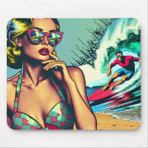 Mujer retro rubia y hombre surfista