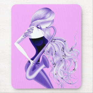 Alfombrilla De Ratón Mujer Saxofonista Música Rosa y Morado