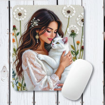 Mujer y gato blanco y dientes de león